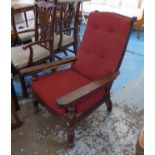 PLANTERS CHAIR, hardwood and bone inlaid with maroon cushion back, seat and swivel leg supports,