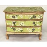 DECOUPAGE COMMODE, Italian style bowfronted with applied floral print, three drawers silvered