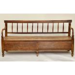 HALL BENCH, 19th century French ash elm and fruitwood with turned rail back, two drawers and