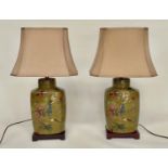 TABLE LAMPS, a pair, Chinese ceramic lidded jar form on rectangular bases depicting birds of