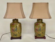 TABLE LAMPS, a pair, Chinese ceramic lidded jar form on rectangular bases depicting birds of