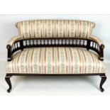 SETTEE, 79cm H x 127cm W, Edwardian mahogany in striped upholstery.