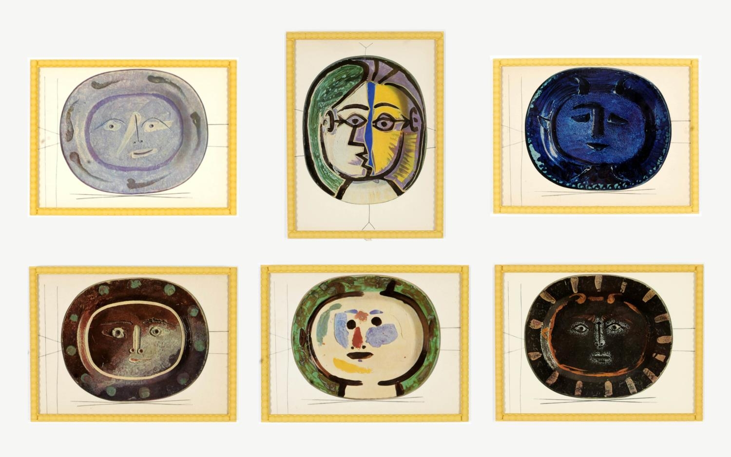 AFTER PABLO PICASSO, quadrichromes, six studies of ceramic plates, hand painted yellow bobbin