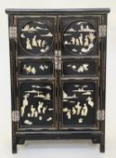 CHINESE SIDE CABINET, early 20th century lacquered and mother and pearl and bone mounted with two