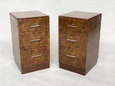 ART DECO BEDSIDE CHESTS, a pair, burr walnut each with three drawers and chromium handles, 33cm x