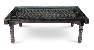 BALINESE EBONISED TABLE, vintage, 82cm H x 221cm W x 104cm D, ebonised and mother of pearl inlaid