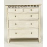 CHEST, French style traditionally grey painted with pierced frieze and two short and three long