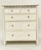 CHEST, French style traditionally grey painted with pierced frieze and two short and three long