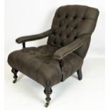 ARMCHAIR, 89cm H x 75cm, Victorian style in dark brown material with brass front castors.