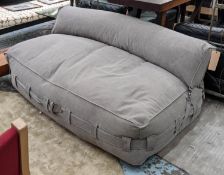 RESTORATION HARDWARE SOFA, 165cm W x 68cm H x 87cm D, grey fabric finish, with straps and buckle.