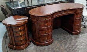 THEODORE ALEXANDER STYLE KIDNEY SHAPE DESK, 152cm x 70cm x 77cm, leathered top, with side cabinet,