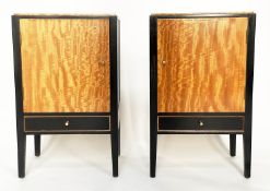 LOUGHBOROUGH FURNITURE SIDE CABINETS, a pair, 1960s satinwood and ebonised each with panelled door