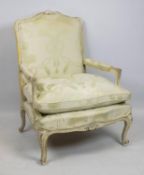 FAUTEUIL, 96cm H x 75cm W, Louis XV style painted with green Damask upholstery.