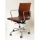 REVOLVING DESK CHAIR, Charles and Ray Eames inspired with ribbed tan leather seat revolving and