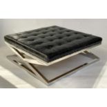 EICHHOLTZ HEARTH STOOL, square buttoned leather on chrome 'X' frame supports, 120cm x 100cm x 44cm