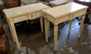 CONSOLE TABLES, a pair, each 40cm x 80cm x 81cm H, one cream and lime painted, the other cream and