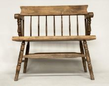 ELBOW BENCH, rustic pine and ash with spindle back, 86cm W x 84cm H.