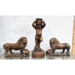 PUTTI CANDLESTICK AND A PAIR OF LIONS. (3)