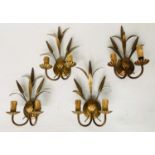 WALL LIGHTS, a set of four, gilt metal wheat sheaf and shield with twin branches, 40cm H. (4)