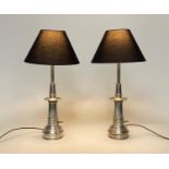 TABLE LAMPS, a pair, silvered metal tapering ringed columns, 75cm H. (2)