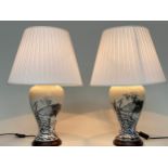 TABLE LAMPS, a pair, Chinese ceramic vase form, handpainted monochrome crested cranes, with