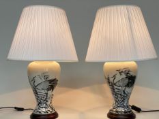 TABLE LAMPS, a pair, Chinese ceramic vase form, handpainted monochrome crested cranes, with