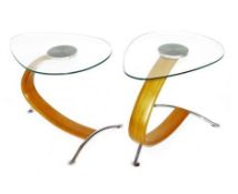 DRINKS TABLES, a pair, Art Deco style bentwood and glass with chrome supports, 50cm H x 56cm W x