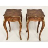 LAMP TABLES, a pair, French transitional style burr yewwood panelled tulipwood crossbanded and
