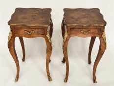 LAMP TABLES, a pair, French transitional style burr yewwood panelled tulipwood crossbanded and