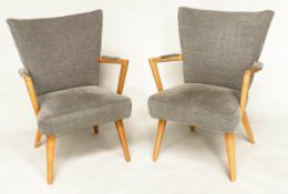ARMCHAIRS, a pair, 1970s beech framed and grey weave upholstered with angular arms and splay
