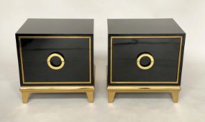 CRAIGSVILLE SIDE CHESTS, a pair, lacquered and gilt each with two drawers, 50cm x 40cm x 51cm H. (2)