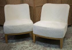 LOUNGE CHAIRS, 72cm H x 60cm W, a pair, light oak with boucle upholstery. (2)