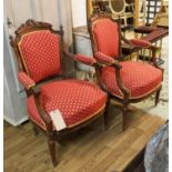 FAUTEUILS, a pair 95cm H, French walnut circa 1890 and red patterned fabric upholstered. (2)