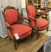 FAUTEUILS, a pair 95cm H, French walnut circa 1890 and red patterned fabric upholstered. (2)