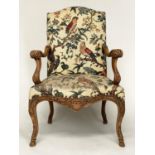 FAUTEUIL, Louis XV style carved walnut with bird print studded linen upholstery, 69cm W.