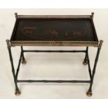 LAMP TABLE, Regency style green lacquered and brass galleried with Chinese style painted panelled