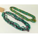 TWO FIVE STRAND TURQUOISE BEAD AND AMETHYST CHIP NECKLACES, each fitted with silver ring clasps,