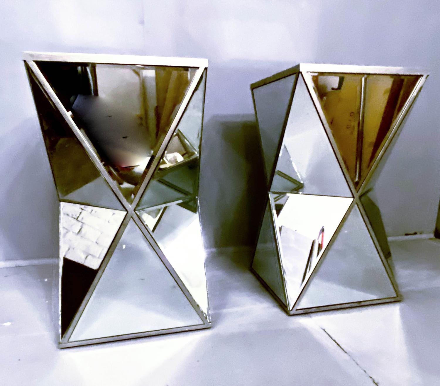 PEDESTALS, a pair, 61cm H x 34cm W, of square form, 1970s Italian style, mirrored glass sides,