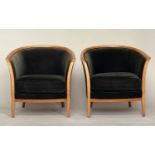 BERNHARDT ARMCHAIRS, a pair, American satinwood framed and deep dark green velvet upholstered with