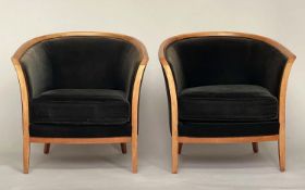 BERNHARDT ARMCHAIRS, a pair, American satinwood framed and deep dark green velvet upholstered with
