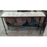 CONSOLE TABLE, 145cm x 37cm x 88cm, bronzed metal base, white marble top.