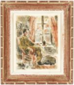 SUZANNE HUMBERT (French), Seated man with dog, handsigned lithograph, artist proof, vintage French