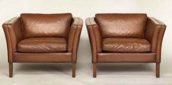 STOUBY ARMCHAIRS, a pair, 1970s Danish grained piped stitched mid brown leather, 98cm W. (2)