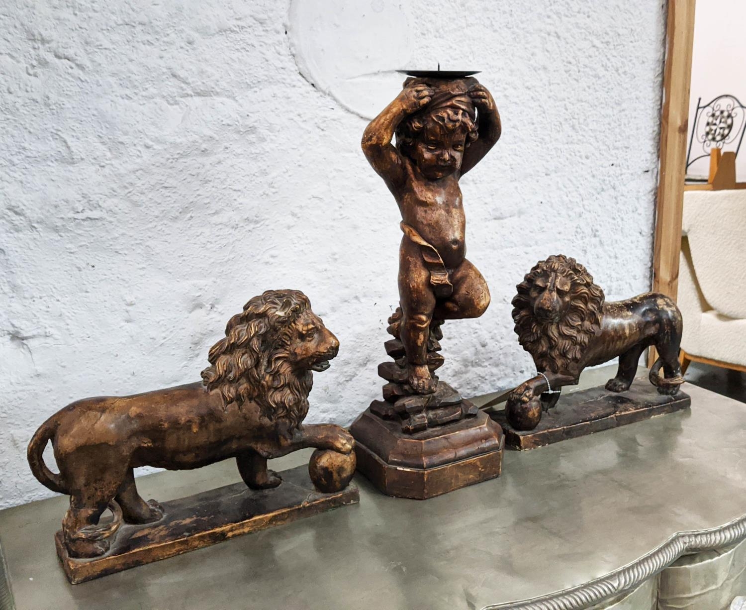 PUTTI CANDLESTICK AND A PAIR OF LIONS. (3) - Image 2 of 6