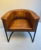 TUB CHAIR, 74cm x 68cm x 61cm, Art Deco inspired design, brown leather, metal frame.