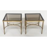 LAMP TABLES, 1970s, a pair, 1970s Regency style gilt metal square with reeded supports, 46cm sq x