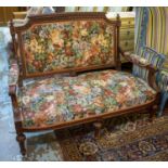 CANAPE, 95cm H x 133cm W, early 20th century French stained oak in floral upholstery.