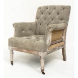 ARMCHAIR, English Country House style buttoned linen upholstered and limewashed frame with hessian