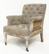 ARMCHAIR, English Country House style buttoned linen upholstered and limewashed frame with hessian