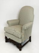 ARMCHAIR, 92cm H x 74cm, William and Mary style in green ticking.